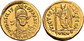 Basiliscus AV Solidus. Constantinople, AD 475-476. D N ЬASILISCЧS P P AVG, pearl-diademed, helmeted and cuirassed bust facing slightly to right, holdi...