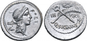 Q. Sicinius AR Denarius. Rome, 49 BC. Diademed head of Fortuna to right; P•R upwards behind, FORT downwards before / Palm-branch and caduceus in salti...