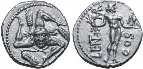 L. Cornelius Lentulus and C. Claudius Marcellus AR Denarius. Military mint moving with Pompey, 49 BC. Facing head of Medusa in centre of triskeles wit...