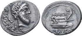 Cnaeus Pompey Magnus AR Denarius. Corcyra, 48 BC. Cn. Calpurnius Piso, proquaestor. Head of Numa Pompilius to right, wearing diadem inscribed NVMA; CN...
