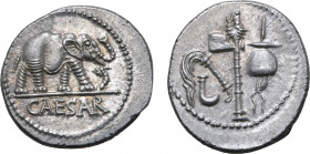 Julius Caesar AR Denarius. Military mint travelling with Caesar, 49-48 BC. Elephant advancing to right, trampling on serpent; CAESAR in exergue / Embl...
