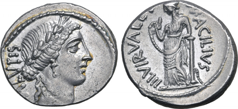 Man. Acilius Glabrio AR Denarius. Rome, 49 BC. Laureate head of Salus to right; ...