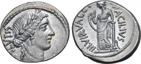 Man. Acilius Glabrio AR Denarius. Rome, 49 BC. Laureate head of Salus to right; SALVTIS behind / Valetudo standing to left, resting arm on column and ...