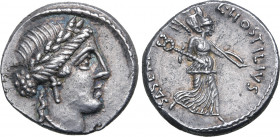 L. Hostilius Saserna AR Denarius. Rome, 48 BC. Female head to right, wearing oak wreath / Victory walking to right, holding caduceus and trophy over s...