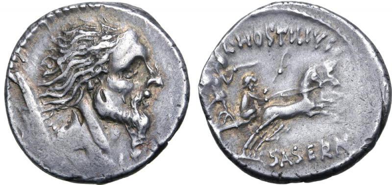 L. Hostilius Saserna AR Denarius. Rome, 48 BC. Head of Gallic captive to right; ...