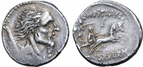 L. Hostilius Saserna AR Denarius. Rome, 48 BC. Head of Gallic captive to right; Gallic shield behind / Two warriors in biga to right: one driving, hol...