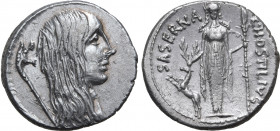 L. Hostilius Saserna AR Denarius. Rome, 48 BC. Female head to right; carnyx behind / Artemis standing facing, holding spear and placing hand on head o...