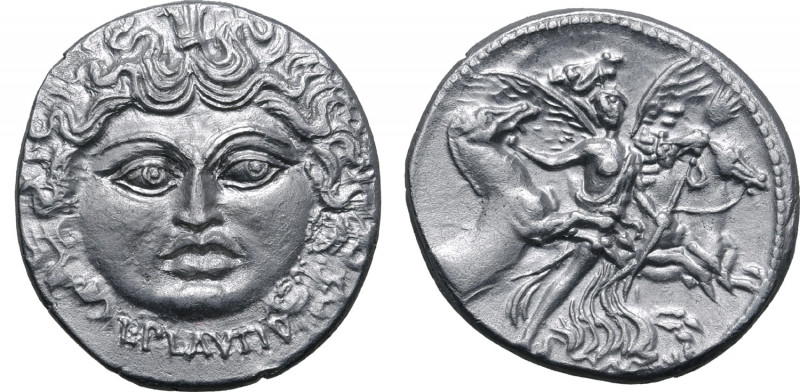 L. Plautius Plancus AR Denarius. Rome, 47 BC. Head of Medusa facing; L•PLAVTIV b...