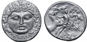 L. Plautius Plancus AR Denarius. Rome, 47 BC. Head of Medusa facing; L•PLAVTIV below / Aurora flying to right, conducting the four horses of the sun a...
