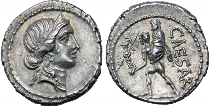 Julius Caesar AR Denarius. African mint, 47-46 BC. Diademed head of Venus to rig...