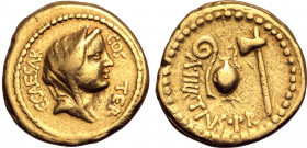 Julius Caesar AV Aureus. Rome, 46 BC. A. Hirtius, praetor. Veiled head of Vesta to right, C•CAESAR COS TER around / Emblems of the augurate and pontif...