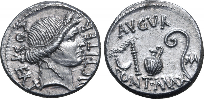 Julius Caesar AR Denarius. Uncertain mint, 46 BC. Head of Ceres to right, wearin...