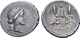Julius Caesar AR Denarius. Military mint travelling with Caesar in Spain, 46-45 BC. Head of Venus to right, wearing stephane; Cupid behind shoulder / ...