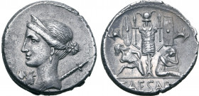 Julius Caesar AR Denarius. Military mint travelling with Caesar in Spain, 46-45 BC. Draped bust of Venus to left, wearing stephane; small Cupid at poi...