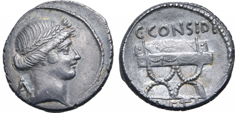 C. Considius Paetus AR Denarius. Rome, 46 BC. Laureate head of Apollo to right; ...