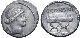 C. Considius Paetus AR Denarius. Rome, 46 BC. Laureate head of Apollo to right; A behind / Curule chair on which lies wreath; C•CONSIDI above, [PAETI]...