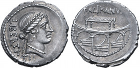 Lollius Palikanus AR Denarius. Rome, 45 BC. Pearl-diademed head of Libertas to right; LIBERTATIS downwards behind / Rostra, on which stands subsellium...