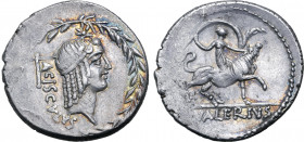 L. Valerius Acisculus AR Denarius. Rome, 45 BC. Diademed head of Apollo to right; star above, acisculus and ACISCVLVS behind, all within wreath / Euro...