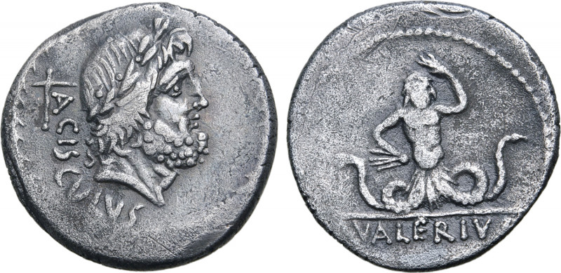 L. Valerius Acisculus AR Denarius. Rome, 45 BC. Laureate head of Jupiter to righ...