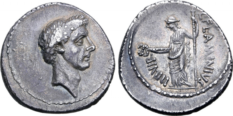 Julius Caesar AR Denarius. Rome, 43 BC. L. Flaminius Chilo, moneyer. Wreathed he...