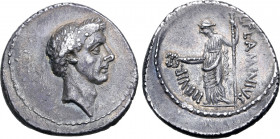 Julius Caesar AR Denarius. Rome, 43 BC. L. Flaminius Chilo, moneyer. Wreathed head of Caesar to right / Goddess (Pax or Venus?) standing to left, hold...
