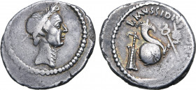 Julius Caesar AR Denarius. Rome, 42 BC. L. Mussidius Longus, moneyer. Laureate head to right / L•MVSSIDI[VS• LONGVS], cornucopiae on globe, between ru...