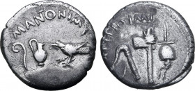 Marc Antony and M. Lepidus AR Denarius. Military mint travelling with Antony and Lepidus in Transalpine Gaul, June 43 BC. Lituus, jug and raven; M•ANT...