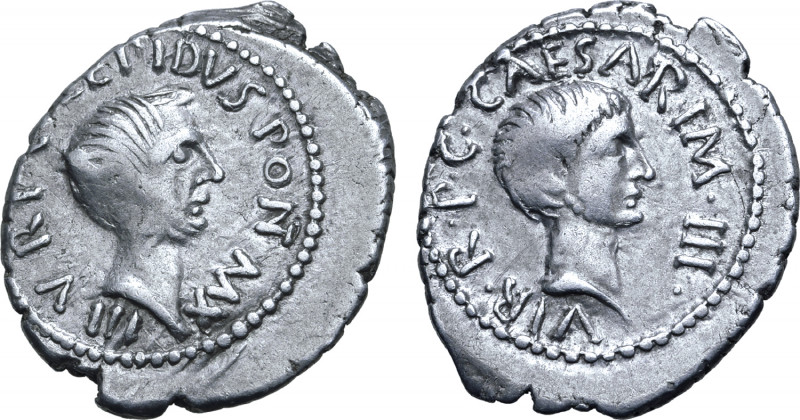 M. Aemilius Lepidus and Octavian AR Denarius. Military mint moving with Lepidus ...