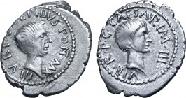 M. Aemilius Lepidus and Octavian AR Denarius. Military mint moving with Lepidus in Italy, spring - summer 42 BC. Bare head of Lepidus to right; [LE]PI...