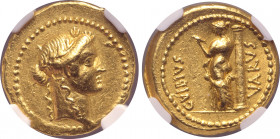C. Vibius Varus AV Aureus. Rome, 42 BC. Laureate head of Apollo to right / Venus standing to left before column, looking at herself in mirror held in ...