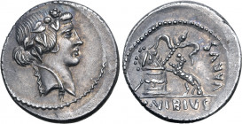 C. Vibius Varus AR Denarius. Rome, 42 BC. Ivy-wreathed head of Liber to right / Panther springing to left, toward garlanded altar upon which sit thyrs...