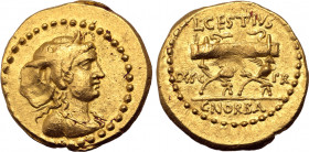 L. Cestius and C. Norbanus AV Aureus. Rome, January-April 43 BC. Draped bust of Africa to right, wearing elephant skin headdress / Corinthian helmet s...