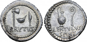 Q. Servilius Caepio (M. Junius) Brutus and P. Cornelius Lentulus Spinther AR Denarius. Smyrna, 43-42 BC. Sacrificial axe, simpulum and sacrificial dag...