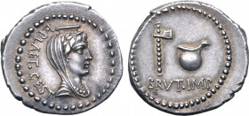 Q. Servilius Caepio (M. Junius) Brutus AR Denarius. Military mint travelling with Brutus and Cassius in western Asia Minor or northern Greece, late su...