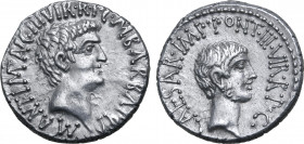 Marc Antony and Octavian AR Denarius. Military mint moving with Antony, Ephesus, spring-early summer 41 BC. M. Barbatius Pollio, Quaestor Pro Praetore...