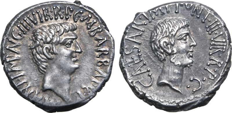 Marc Antony and Octavian AR Denarius. Military mint moving with Antony, Ephesus,...