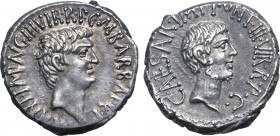 Marc Antony and Octavian AR Denarius. Military mint moving with Antony, Ephesus, spring-early summer 41 BC. M. Barbatius Pollio, Quaestor Pro Praetore...