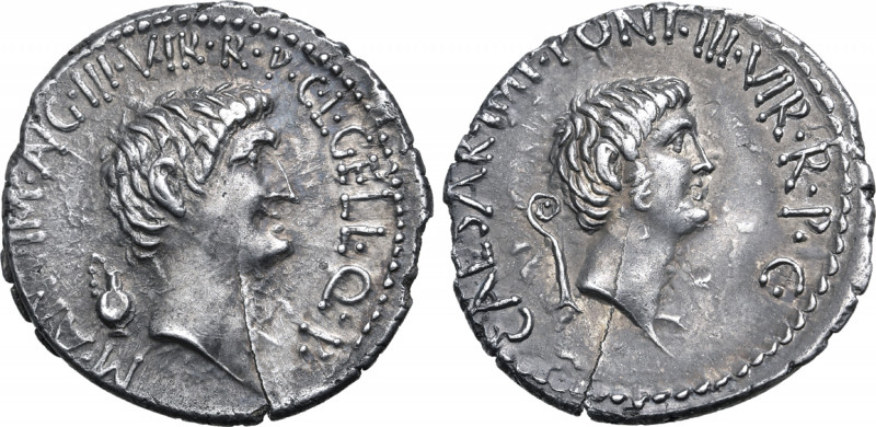 Marc Antony and Octavian AR Denarius. Military mint moving with Antony in Asia M...