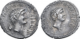 Marc Antony and Octavian AR Denarius. Military mint moving with Antony in Asia Minor, autumn 41 BC. L. Gellius Poplicola, moneyer. M•ANT•IMP•AVG•III•V...