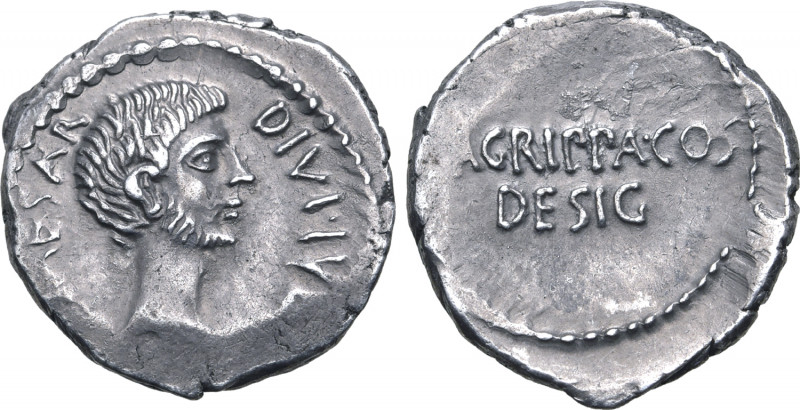 Octavian and Agrippa AR Denarius. Military mint travelling with Agrippa in Gaul ...
