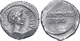 Octavian and Agrippa AR Denarius. Military mint travelling with Agrippa in Gaul or with Octavian in Italy, 38 BC. [IMP•C]AESAR DIVI•IVL[I•F], bare hea...