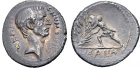 C. Numonius Vaala AR Denarius. Rome, 41 BC. Bare head of Numonius Vaala to right; C•NVMONIVS downwards before, VAALA upwards behind / Soldier advancin...