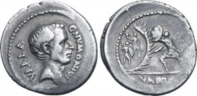 C. Numonius Vaala AR Denarius. Rome, 41 BC. Bare head of Numonius Vaala to right; C•NVMONIVS downwards before, VAALA upwards behind / Soldier advancin...