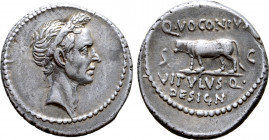 Julius Caesar AR Denarius. Posthumous Issue. Rome, 40 BC. Q. Voconius Vitulus, moneyer. Laureate head to right / Bull-calf walking to left; Q•VOCONIVS...