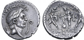 Sextus Pompey AR Denarius. Uncertain mint in Sicily (Catania?), 42-40 BC. Bare head of Pompey Magnus to right; capis behind, lituus before; [MAG•]PIVS...