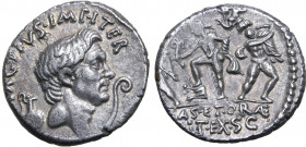 Sextus Pompey AR Denarius. Uncertain mint in Sicily (Catania?), 42-40 BC. Bare head of Pompey Magnus to right; capis behind, lituus before; MAG•PIVS•I...