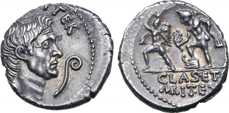 Sextus Pompey AR Denarius. Uncertain mint in Sicily (Catania?), 42-40 BC. Bare h...