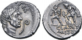 Sextus Pompey AR Denarius. Uncertain mint in Sicily (Catania?), 42-40 BC. Bare head of Pompey Magnus to right; [capis behind], lituus before; [MAG•PIV...