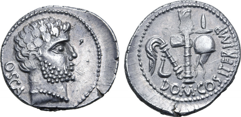 Cn. Domitius Calvinus AR Denarius. Osca, 39 BC. Head of Hercules to right; OSCA ...