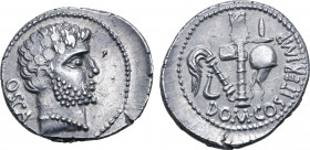 Cn. Domitius Calvinus AR Denarius. Osca, 39 BC. Head of Hercules to right; OSCA downwards behind / Simpulum, aspergillum, axe and apex; DOM•COS•ITER•I...